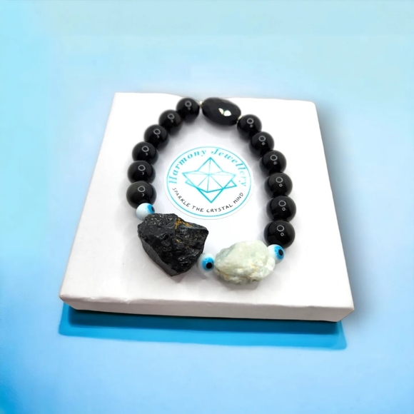 Black Obsidian, Amazonite, Evil Eye Bracelet 10 mm - Picture 3 of 4